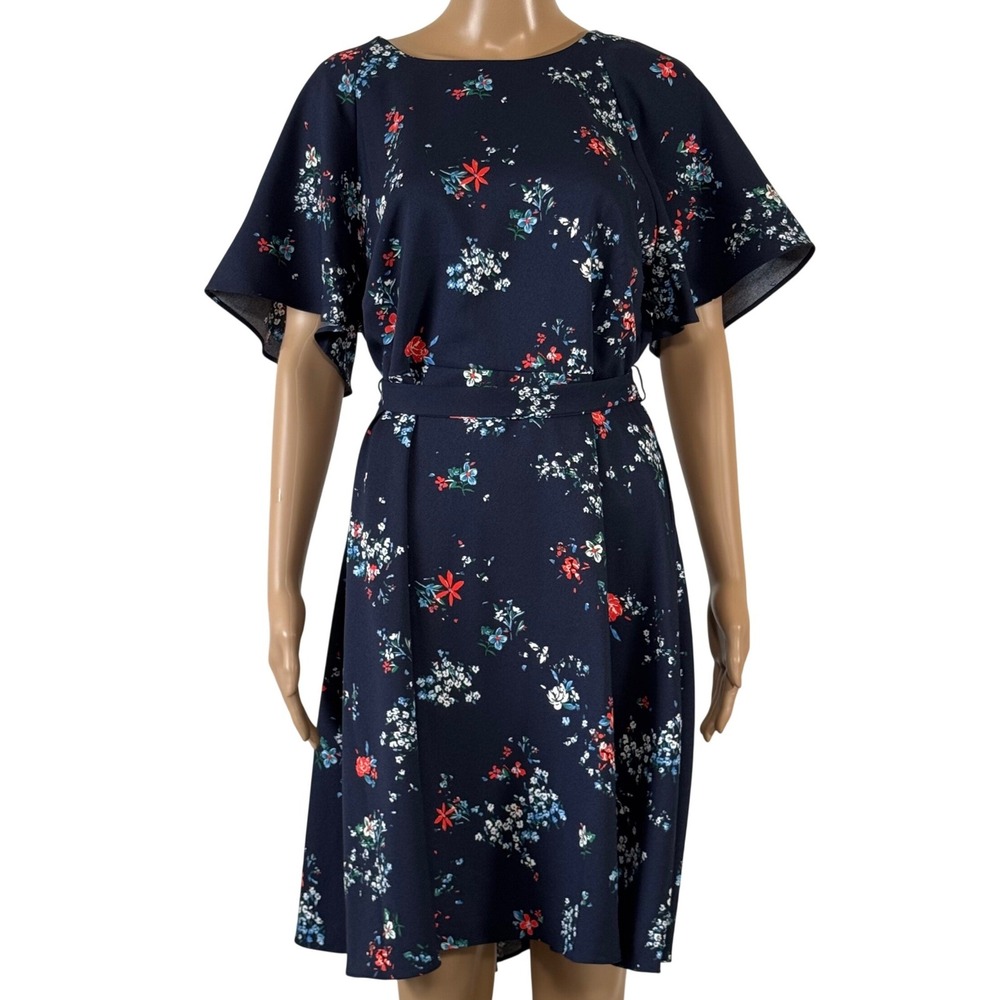 Banana Republic Navy Floral Flutter Sleeve Tie Waist Midi Dress 16 NWT